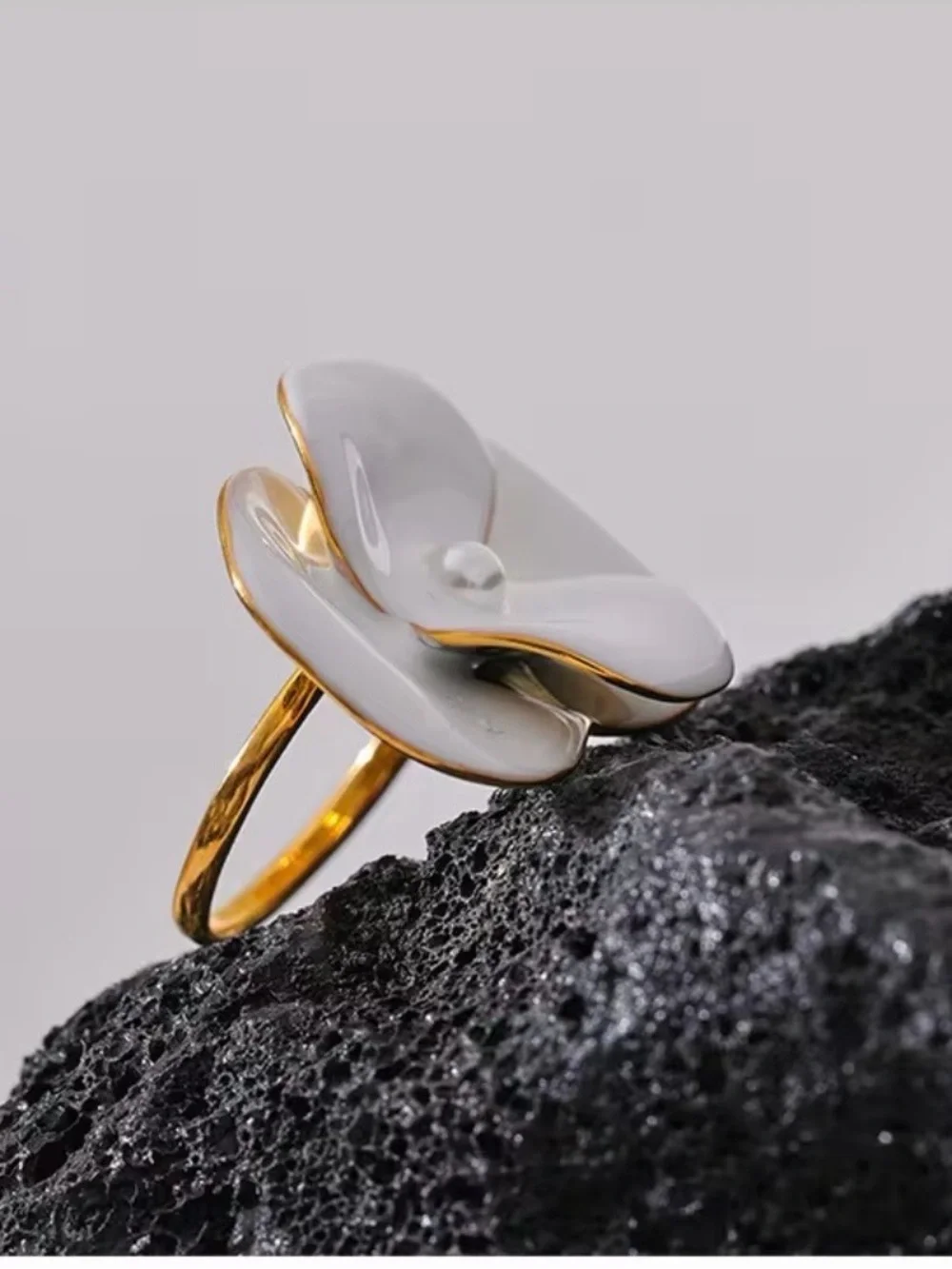 White Floral Pearl Ring with Gold Trim - Women Jewelry